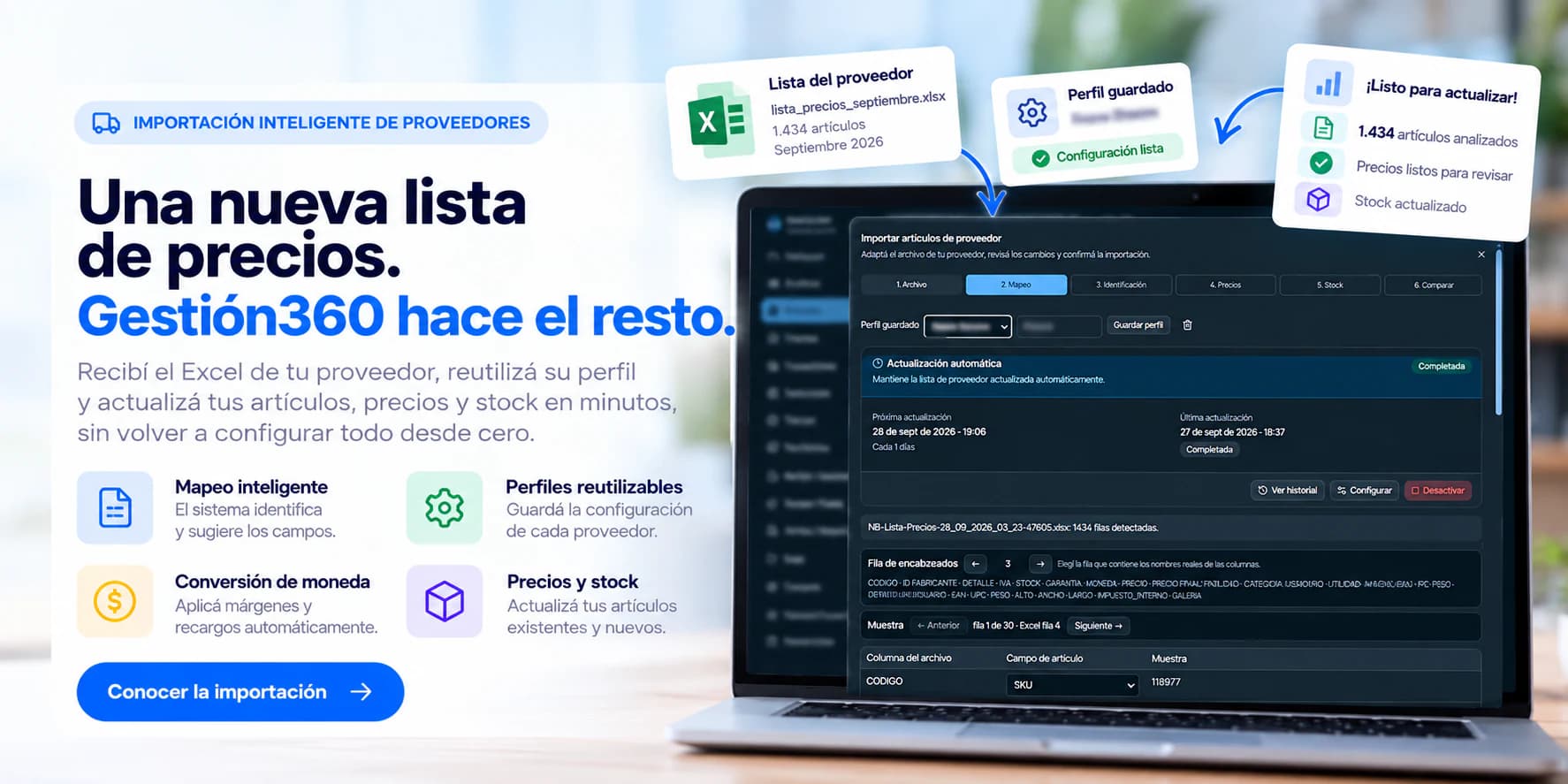 Importación inteligente de listas de proveedores en Gestión360 con perfiles reutilizables, actualización de precios y stock